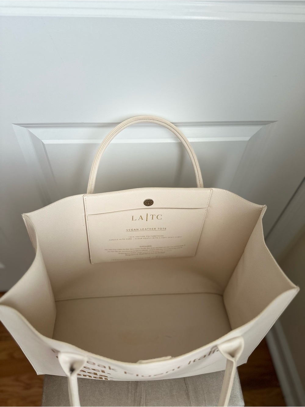Cream Large Tote Bag with Gold Text - Designer Logo Statement - Picture 3 of 5